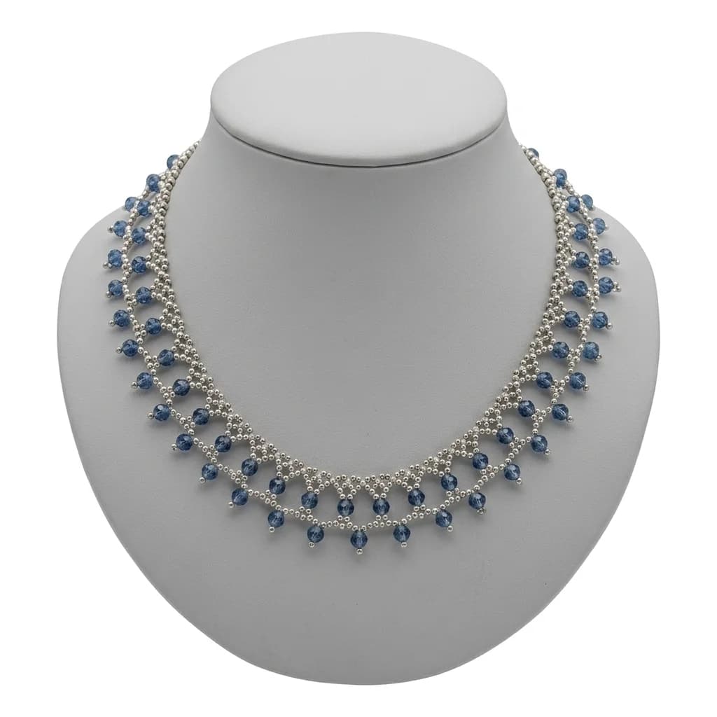 Collier Perles Argentées & Cristaux Bleus