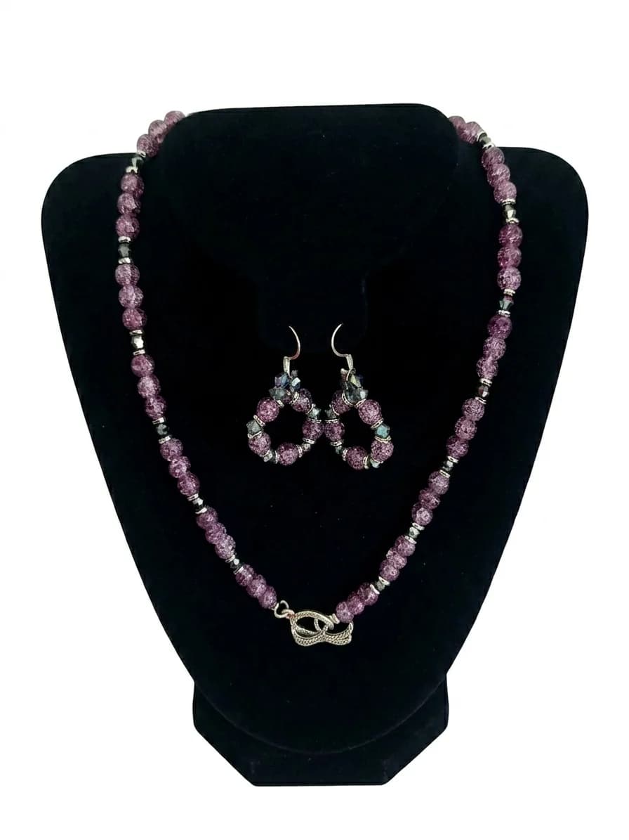 Parure Collier & Boucles d'Oreilles Perles Violettes
